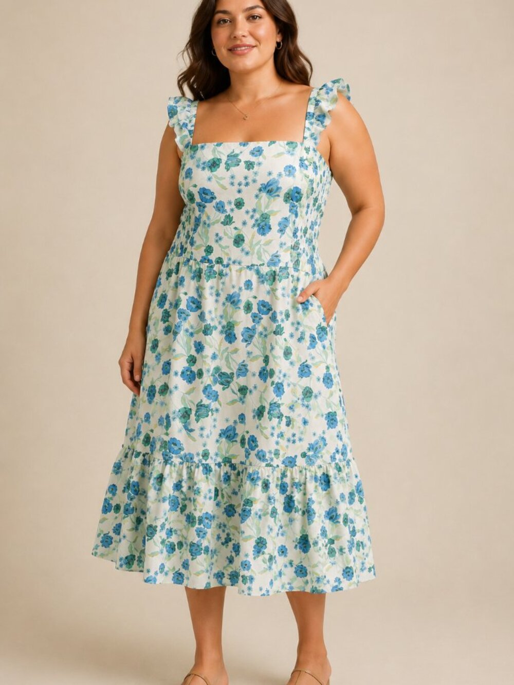 Draper James Linen Midi Dress Floral Print Plus Size 2X Blue Green Ruffle